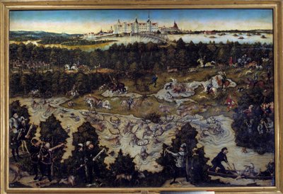 Jacht ter ere van Karel V in het kasteel van Torgau in Duitsland door Lucas the Elder Cranach