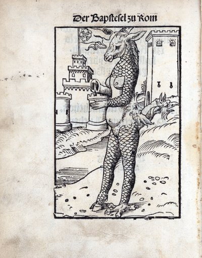 De Bapstesel zu Rom (De Paapse Ezel of De Pauselijke Ezel van Rome), door Lucas Cranach de Oude (1472-1553). Houtsnede door Lucas the Elder Cranach
