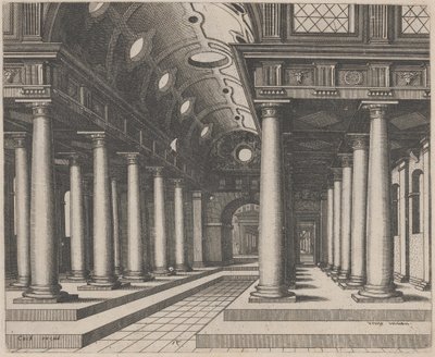Een hal met een tongewelf door Lucas van Doetechum and Johannes