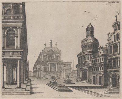 Hoek van een paleis met zuilengang en rond gebouw door Lucas van Doetechum and Johannes