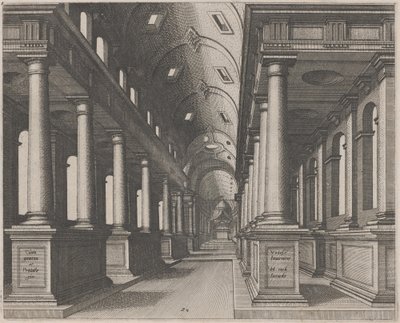 Interieur van een kerk met een tongewelf door Lucas van Doetechum and Johannes