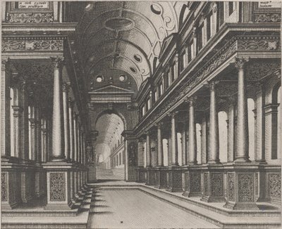 Interieur van een Kerk met een Standbeeld in de Verte door Lucas van Doetechum and Johannes