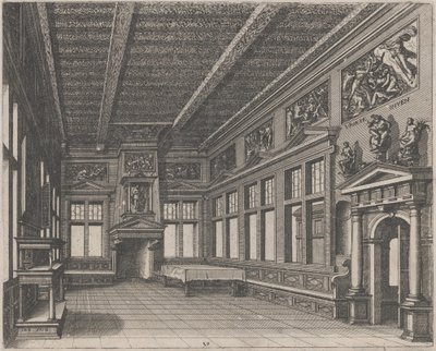 Interieur met Buffet, Schouw en Religieuze Schilderijen door Lucas van Doetechum and Johannes