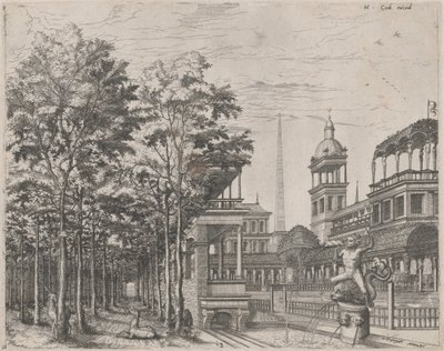 Landschap met Bomen, Twee Herten en een Paleistuin door Lucas van Doetechum and Johannes
