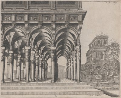 Loggia met Satyr Termen en een Tuin door Lucas van Doetechum and Johannes