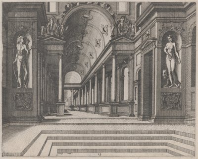 Uitzicht in een Kerk met Korinthische Zuilen en Beelden van Apollo, Melpomene en Mozes door Lucas van Doetechum and Johannes