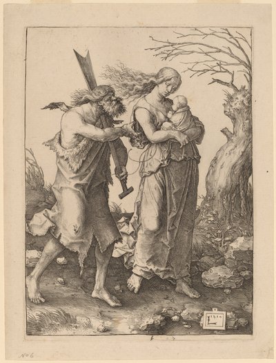 Adam en Eva na hun verdrijving uit het paradijs door Lucas van Leyden