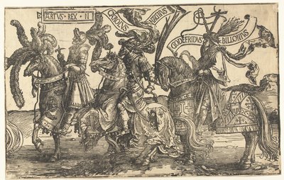 De helden Koning Arthur, Karel de Grote en Godfried van Bouillon door Lucas van Leyden