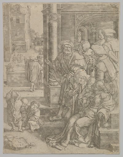Dichter Vergilius opgehangen in een mand door Lucas van Leyden