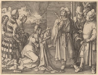 De vrouw van Potifar beschuldigt Jozef door Lucas van Leyden