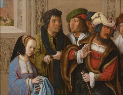 Potifars vrouw toont Jozefs gewaad, ca. 1512 (olieverf op paneel) door Lucas van Leyden