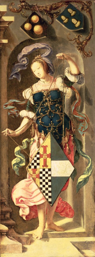 De genezing van de blinde man van Jericho, rechter zijpaneel van drieluik met jong meisje met het wapen van de patroon, 1531 door Lucas van Leyden