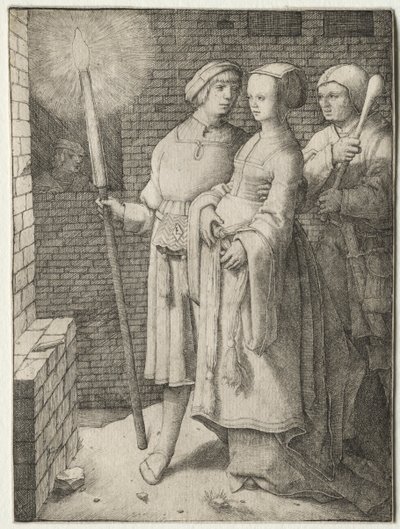 De man met de fakkel en een vrouw gevolgd door een dwaas door Lucas van Leyden