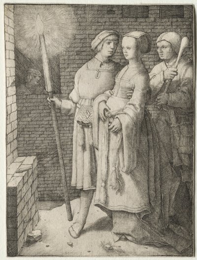 De man met de fakkel en een vrouw gevolgd door een dwaas, c. 1508 door Lucas van Leyden