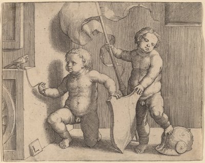 Twee naakte kinderen die een leeg schild ondersteunen door Lucas van Leyden