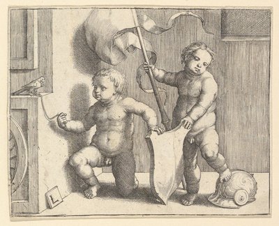 Twee Naakte Kinderen die een Leeg Schild Ondersteunen, ca. 1510 door Lucas van Leyden