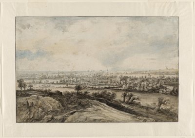 Een panoramisch rivierlandschap met knotwilgen door Lucas van Uden