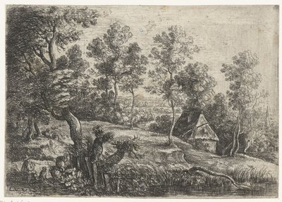 Landschap met een huis en een waterput door Lucas van Uden