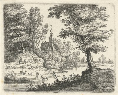 Landschap met herders en vee bij een rivier door Lucas van Uden