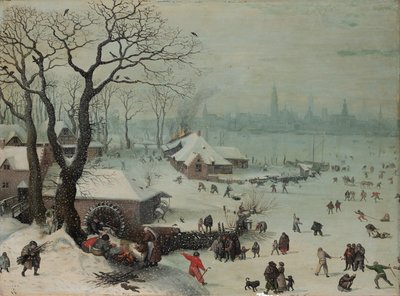 Winterlandschap met sneeuwval nabij Antwerpen door Lucas van Valckenborch