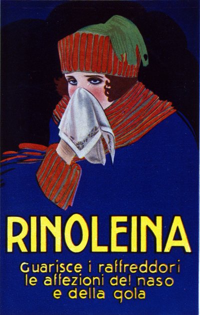 Reclame voor het medicijn Rinoleina tegen verkoudheid, keelpijn en hoest. Illustratie door Lucien Achille Mauzan (1883 - 1952). door Luciano Achille Mauzan