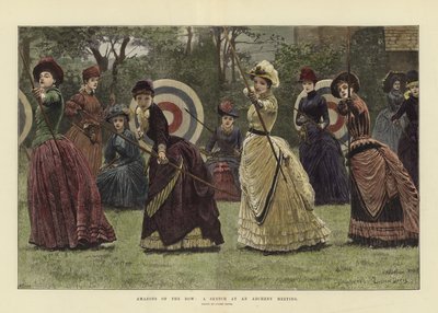 Amazones van de boog: een schets van een bijeenkomst boogschieten (ingekleurde gravure) door Lucien Davis