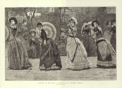 Amazones van de boog: een schets van een bijeenkomst boogschieten (gravure) door Lucien Davis