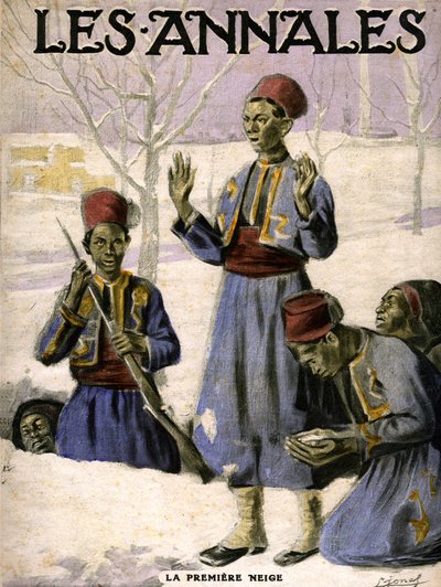 De eerste sneeuw: een groep Senegalese schutters ontdekt de sneeuw (gravure door Lucien Hector Jonas