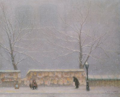 Notre-Dame, gezien vanaf de Linkeroever, in sneeuwachtig weer door Lucien Levy Dhurmer