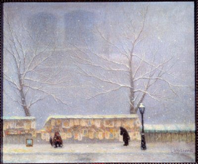 Notre Dame gezien vanaf de linkeroever in sneeuwachtig weer door Lucien Levy Dhurmer
