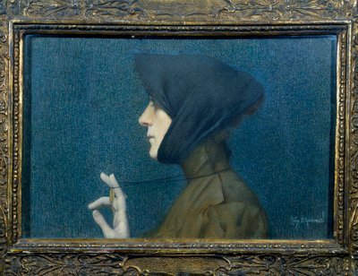 Portret van een vrouw met een medaillon. Vrouw in profiel die haar hanger ondersteunt voor haar door Lucien Levy Dhurmer
