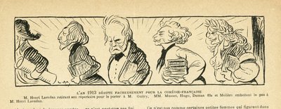Illustratie in Le Rire, 04/01/13 - het jaar 1913... - Theater, Comédie française - Hugo Victor, Dumas Alexandre (fils), Lavedan Henri (1859-1940), Guitry Sacha, Musset Alfred, Molière door Lucien Metivet