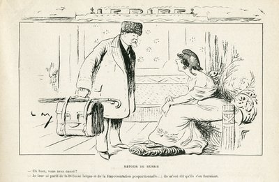 Illustratie in Le Rire, 24/08/12 - Terugkeer uit Rusland - Antiklerikalisme, Rusland, President van de Republiek, Hoeden, Officieel bezoek - Marianne, Poincare Raymond (gravure) door Lucien Metivet