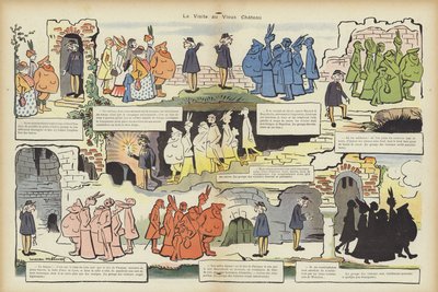 Bezoek aan het oude kasteel. Illustratie voor Le Rire door Lucien Metivet