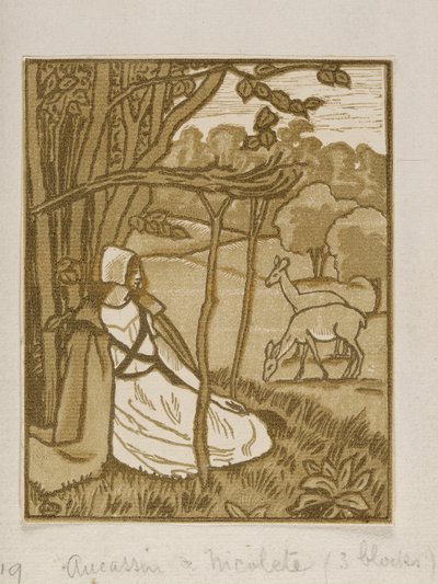 Meisjes zittend onder boom met herten, houtsnede van Lucien Pissarro, ca. 1880-1940 door Lucien Pissarro