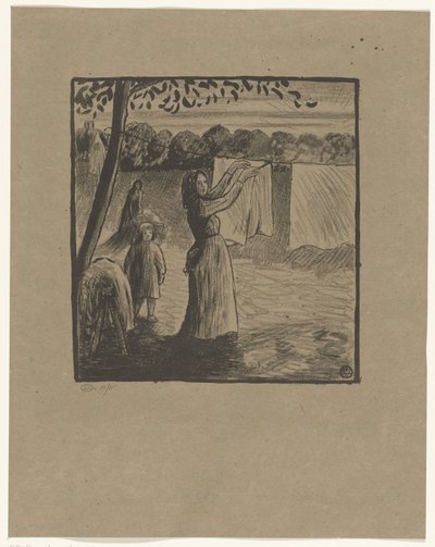 Het ophangen van de was door Lucien Pissarro