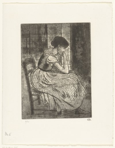 Jonge vrouw zittend bij een haardvuur door Lucien Pissarro