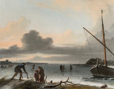 Een Winterlandschap met Sleeën, Schaatsers en Golfers op een Bevroren Meer door Ludolf Backhuysen