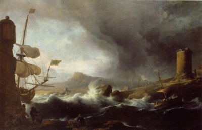 Duits: Stürmische See an bergiger Küste Stormachtige zeeën aan een bergachtige kust door Ludolf Bakhuizen