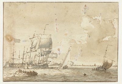 Schepen op het water voor een stad door Ludolf Bakhuysen