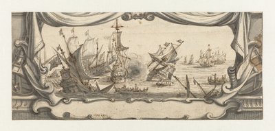 Zeegevecht in een cartouche door Ludolf Bakhuysen