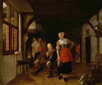 Een meid met een kruik en drie mannen bij het vuur door Ludolf de Jongh