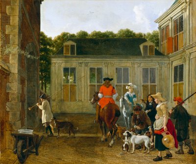 Jachtpartij op de binnenplaats van een landhuis door Ludolf de Jongh