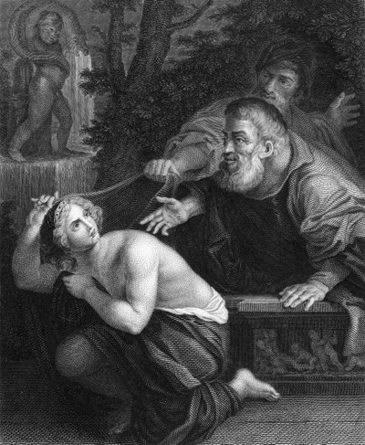 Susannah en de Ouderen (gravure) door Ludovico (after) Carracci