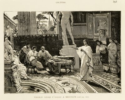 Maecenas luistert naar Vergilius die de Aeneis voorleest, illustratie voor Vroege geschiedenis van Rome door Ludovico Pogliaghi