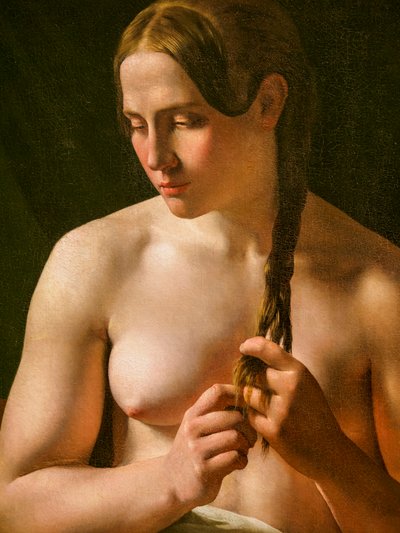 Een vrouw plooit haar haar, detail door Ludvig August Smith