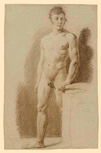 Staand mannelijk naakt, met de linkerhand tegen een sokkel door Ludwig Buchhorn