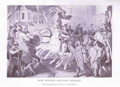 Koning Gunther verwelkomt Siegfried door Ludwig Ferdinand Schnorr von Carolsfeld
