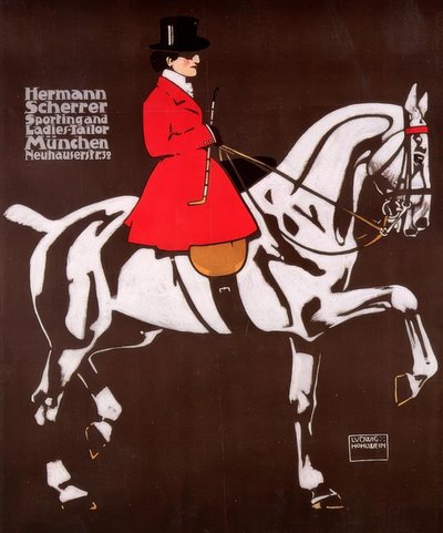 Dame te paard in rijtenue, zoals gedragen bij de vossenjacht in Engeland door Ludwig Hohlwein