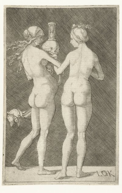 Twee naakte vrouwen met schedel en zandloper door Ludwig Krug